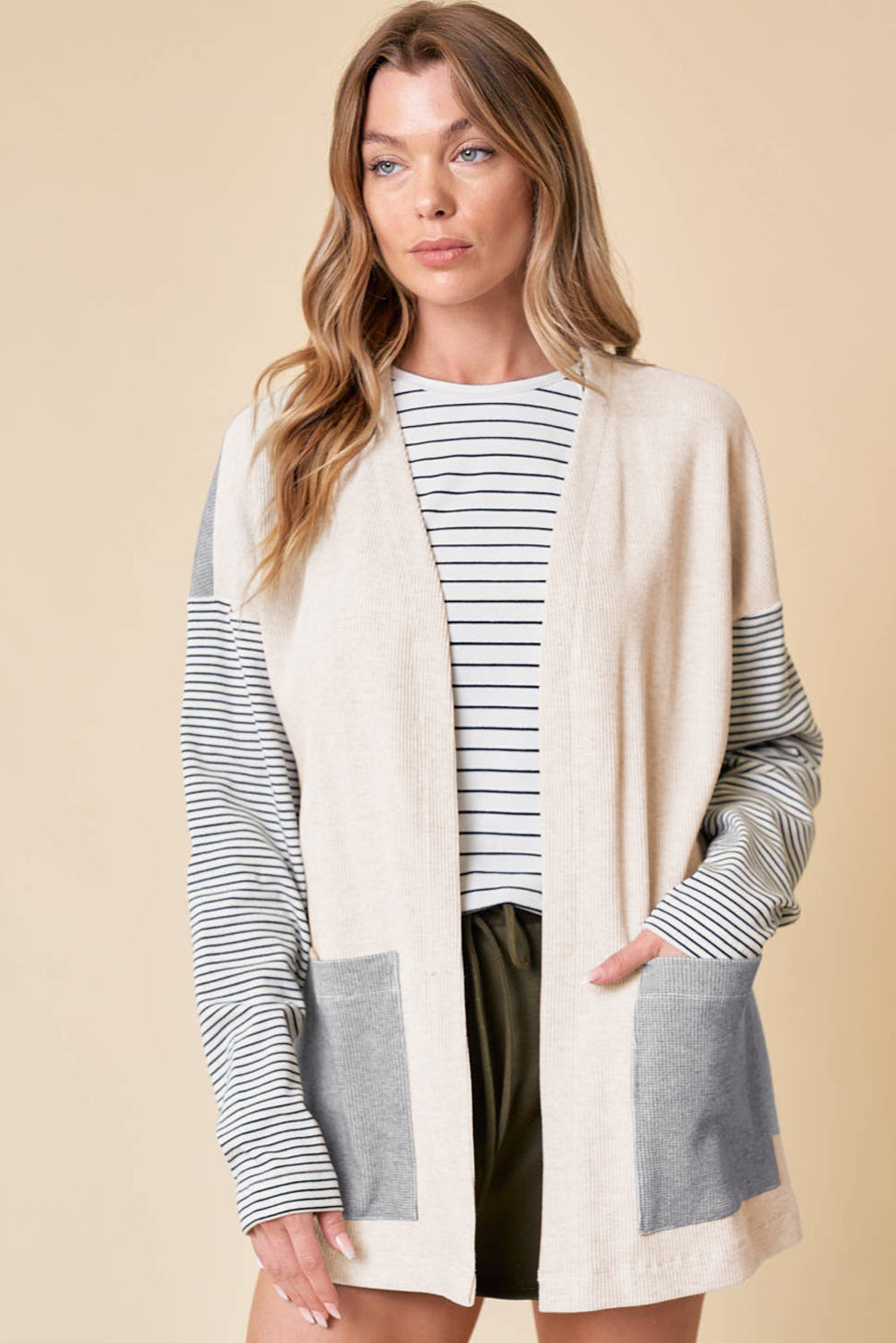 Black Striped Open Front Cardigan – Modern Chic with Practical Style