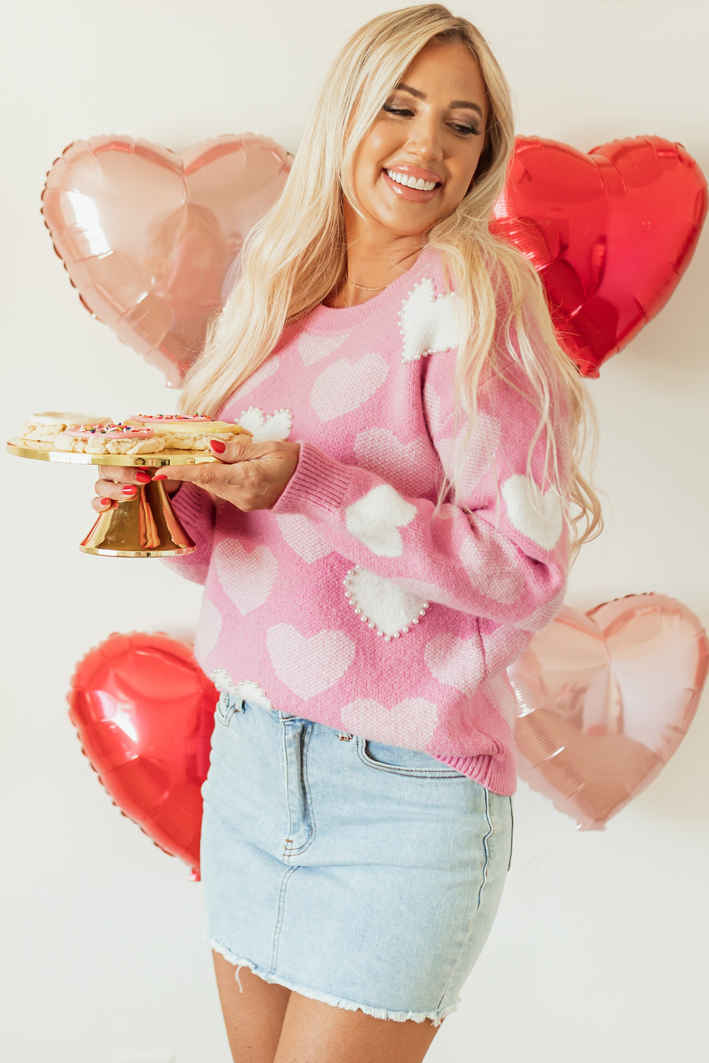 Pink Pearled Heart Print Valentine's Crew Neck Sweater – Romantic & Cozy