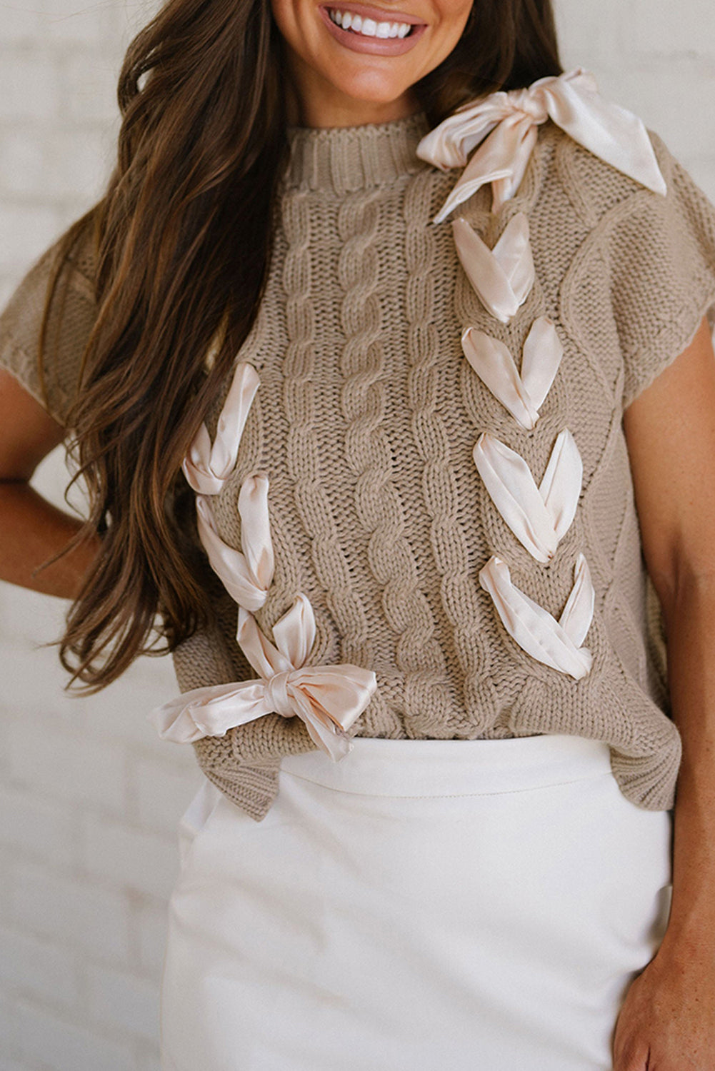 Simply Taupe Colorblock Cable Knit Sweater – Feminine Charm Meets Modern Design