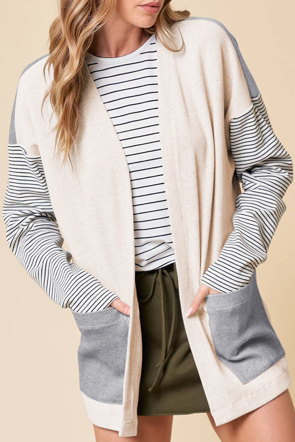 Black Striped Open Front Cardigan – Modern Chic with Practical Style