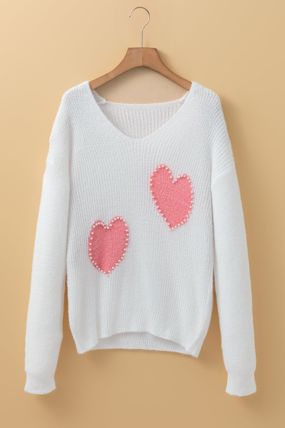 White Pearl Beaded Heart Pattern Fuzzy V Neck Sweater – Cozy and Chic