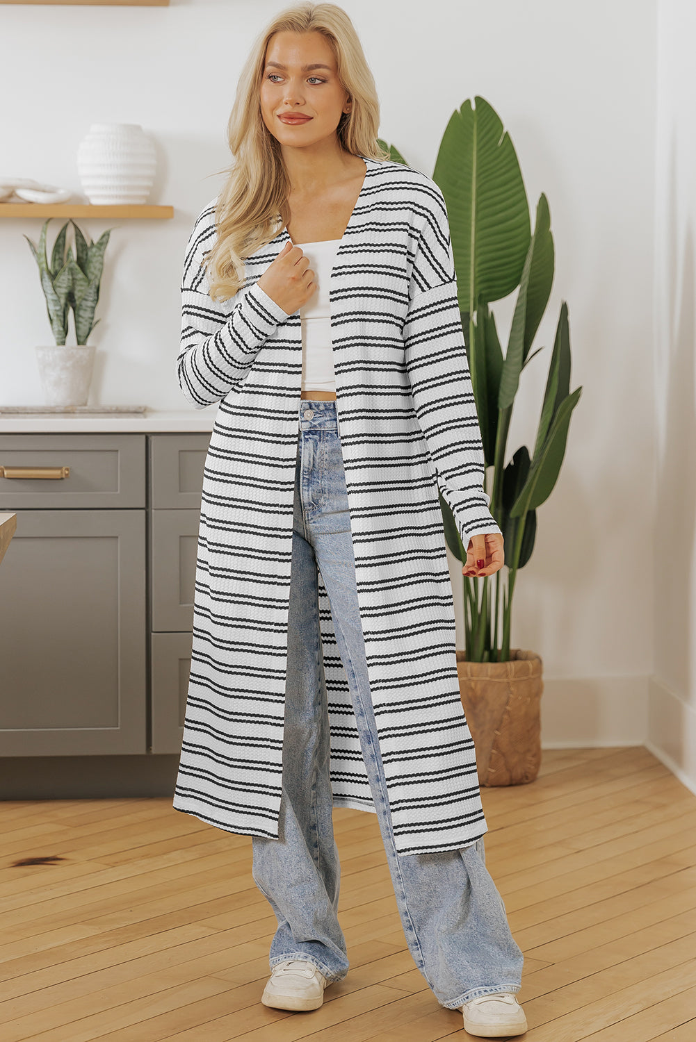 Black Stripe Print Open Front Duster Cardigan – Effortless Chic with Extra Coverage