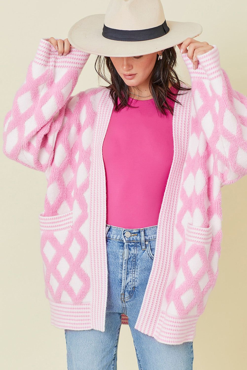 Pink Knit Open Front Pocketed Cardigan – Cozy & Playful