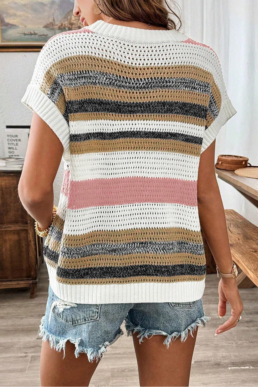 Pink Stripe Eyelet Knit Short Sleeve Sweater Tee – Contemporary & Stylish