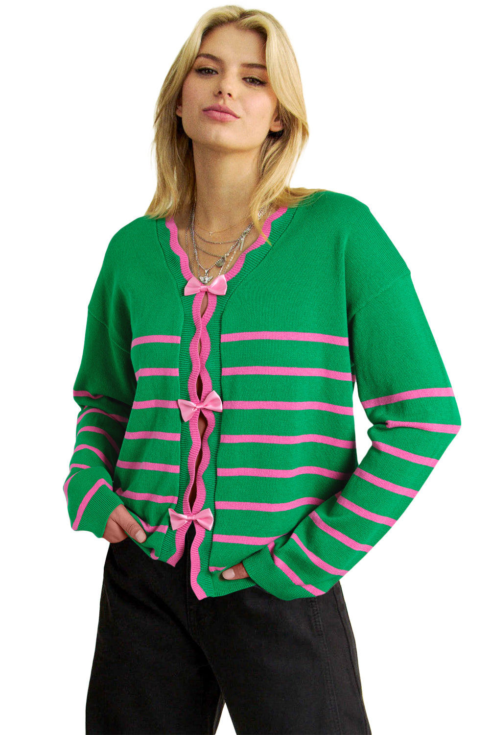 Green Stripe Ribbon Sweater Knit Cardigan – Charming and Cozy