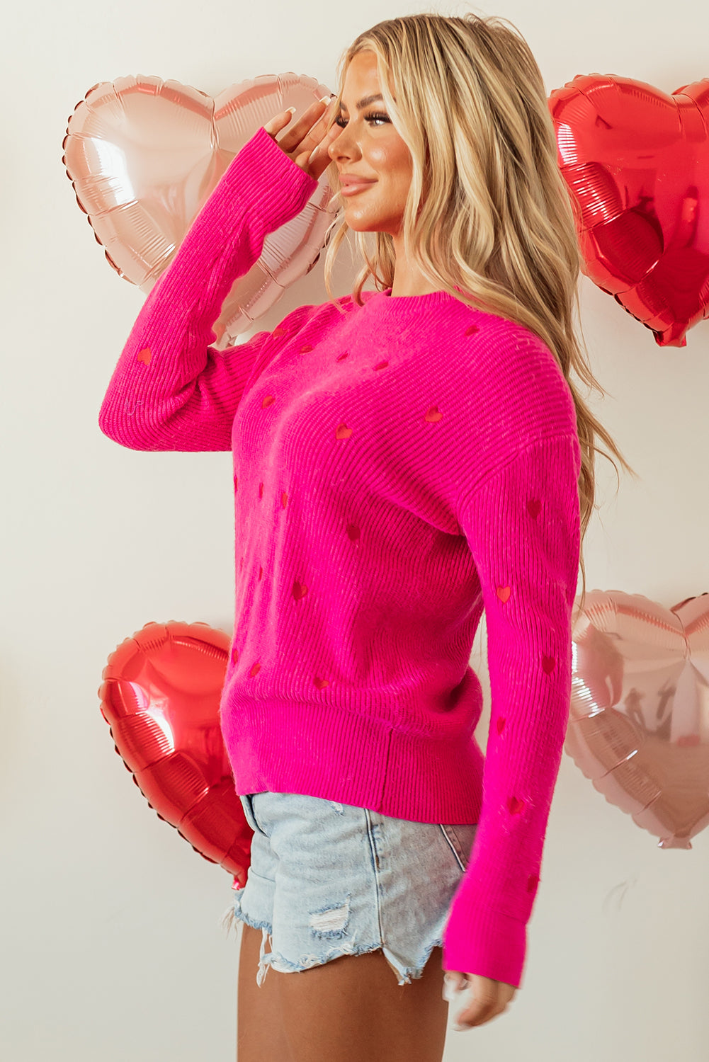 Rose Red Heart Shape Drop Shoulder Sweater – Festive & Cozy