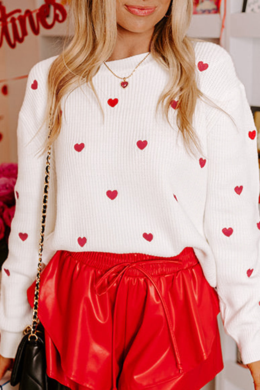 White Heart Shape Drop Shoulder Sweater – Festive and Cozy