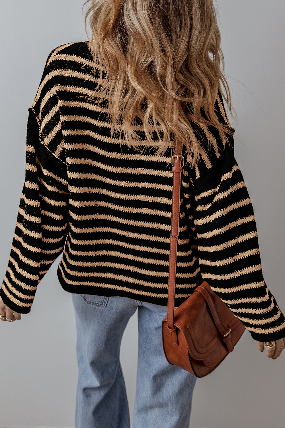 Black Stripe Drop Shoulder Loose Sweater – Trendy Comfort with Classic Style