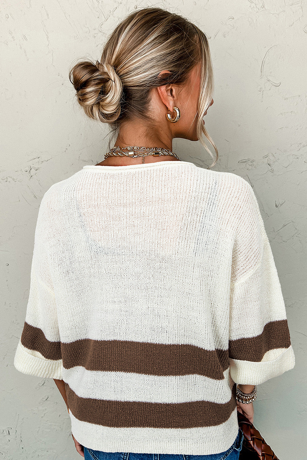 Brown Striped V Neck Cropped Sweater T-Shirt – Effortlessly Chic and Trendy