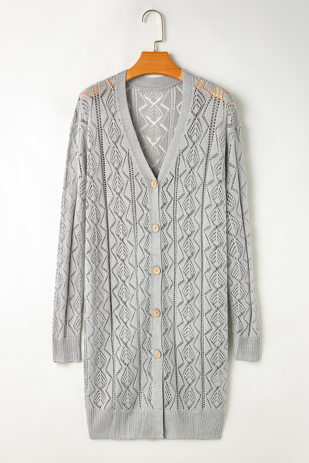 Gray Hollow Out Button Front Long Cardigan – Chic and Cozy Layering Piece