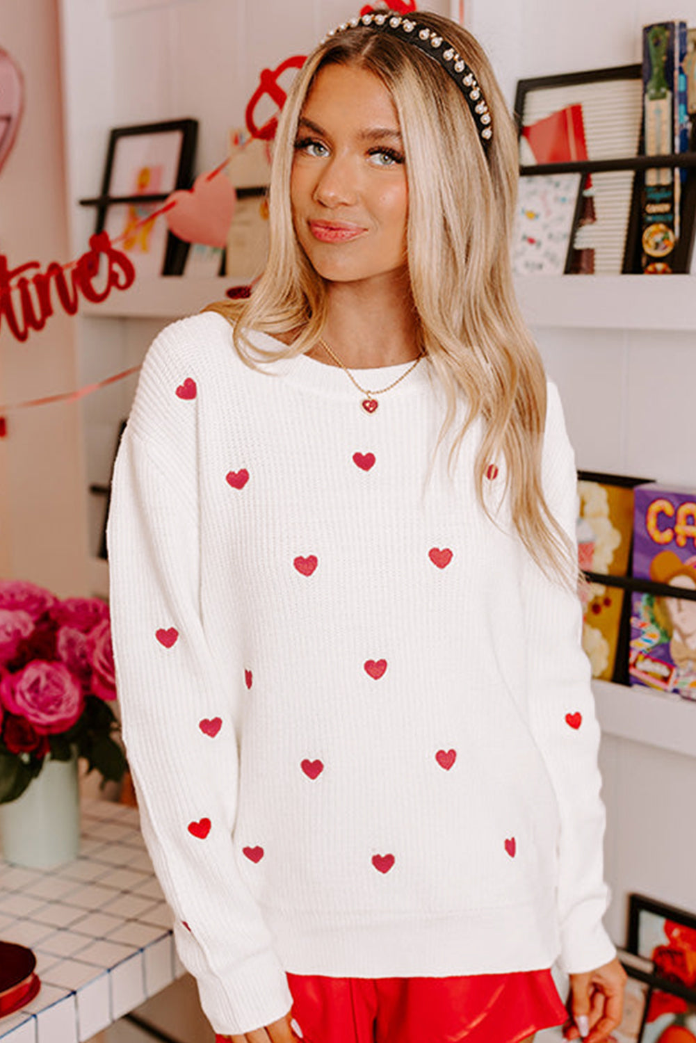 White Heart Shape Drop Shoulder Sweater – Festive and Cozy