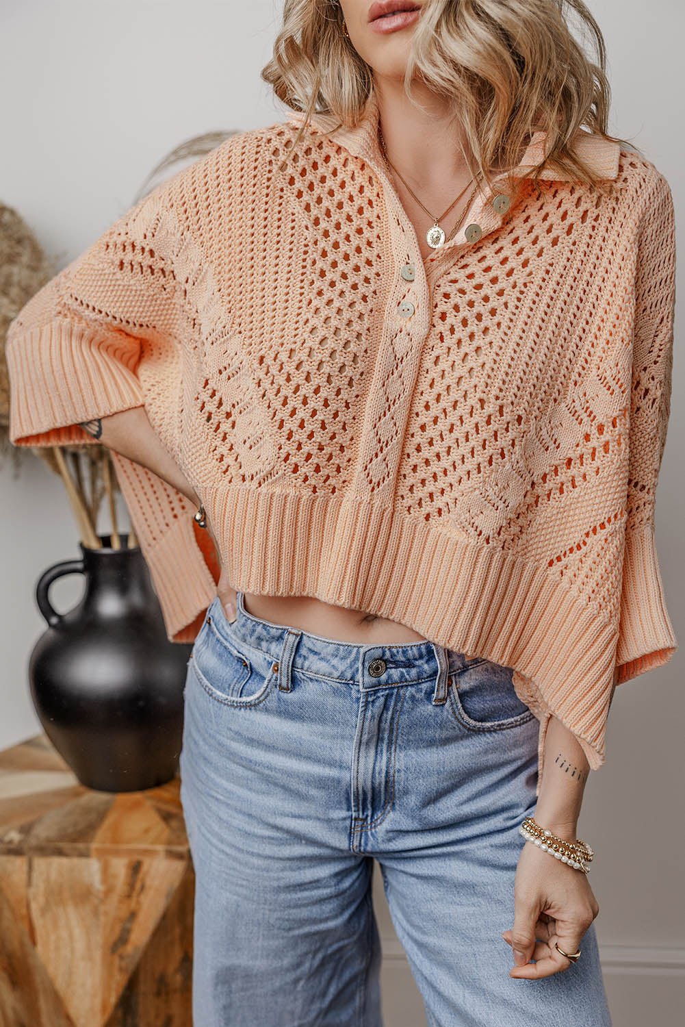 Apricot Pink Open-Knit 3/4 Sleeve Sweater – Effortless Elegance for Every Season