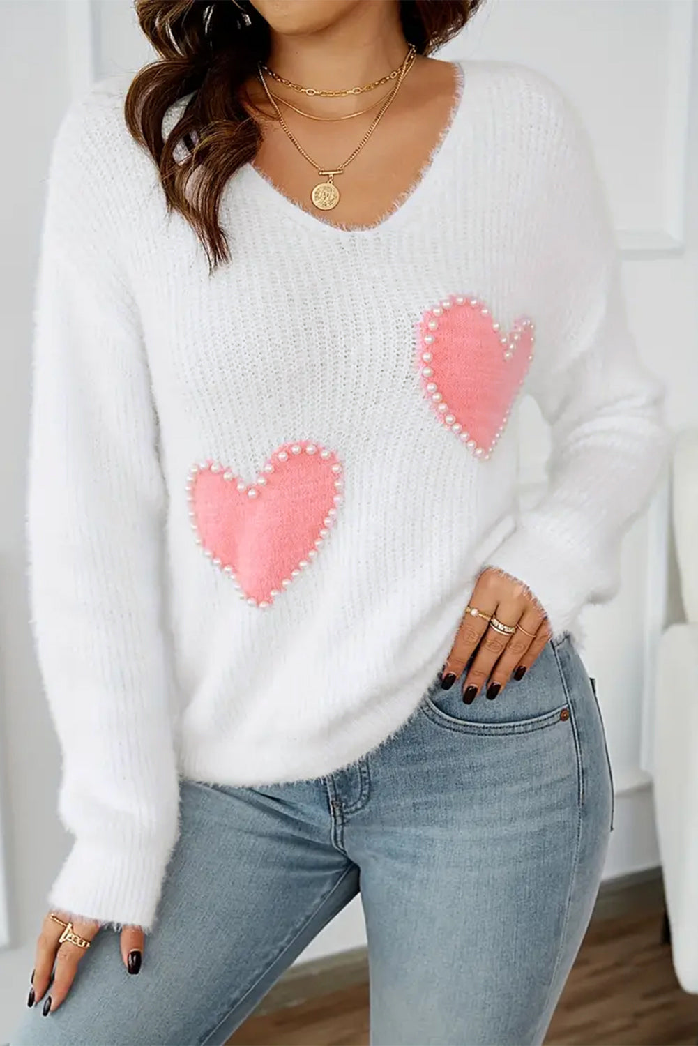 White Pearl Beaded Heart Pattern Fuzzy V Neck Sweater – Cozy and Chic