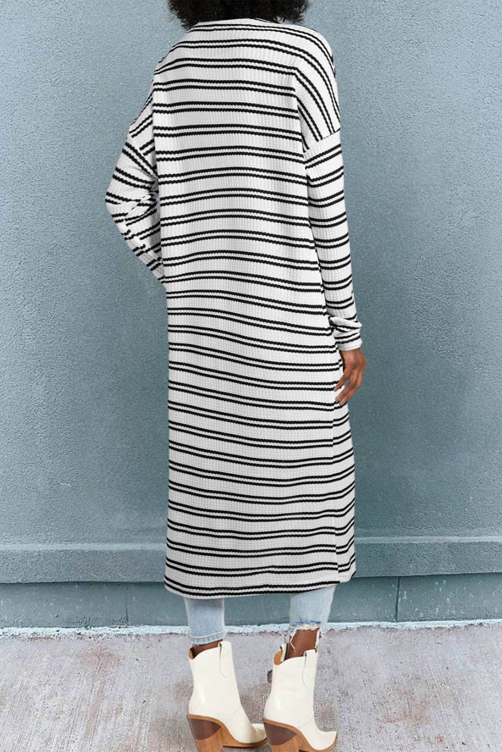 Black Stripe Print Open Front Duster Cardigan – Effortless Chic with Extra Coverage